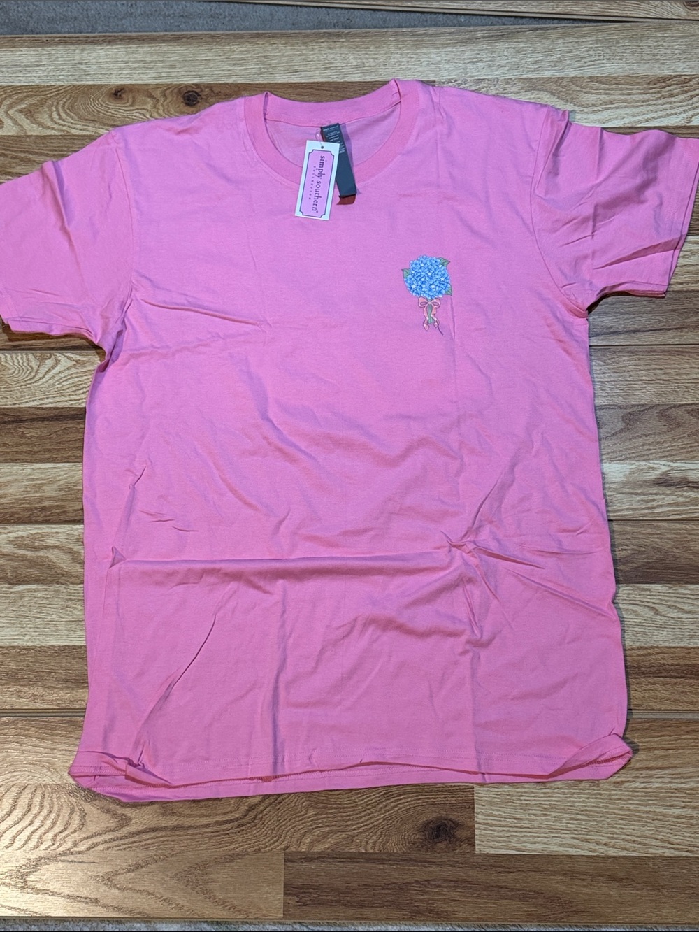 Simply Southern Pink Short Sleeve Tee with Blue Embroidered Floral